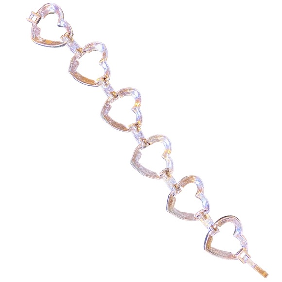 Silver and Marcasite Style Rhinestone Heart Link Bracelet Fold-over Clasp - Picture 3 of 8